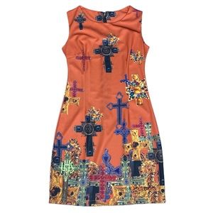 Cross Print Sheath Dress No Labels No Tags Back Zip Sz 00 or 0 Orange very small